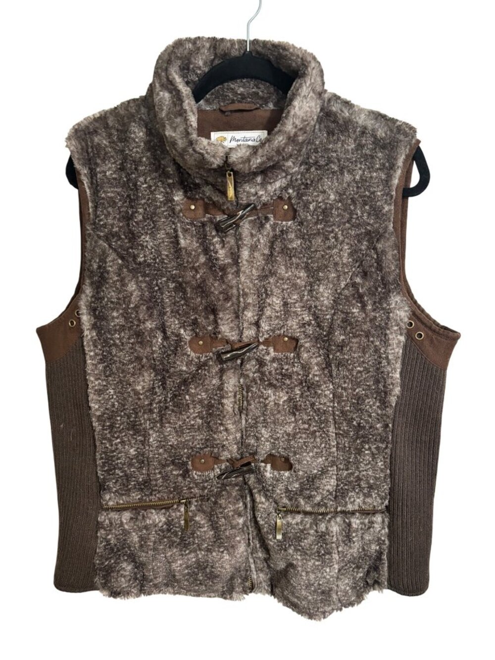 Montanaco Womens Faux Fur Toggle Vest XL Brown Stretchy Cozy